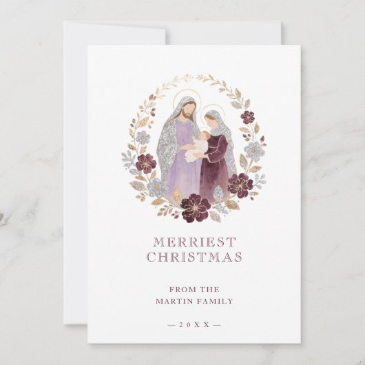 Elegant Plum Holy Nativity Family Christmas Photo Feestdagenkaart (Voorkant)
