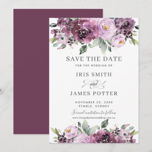 Elegant Plum Mauve Paarse Floral Wedding Save The Date (Voorkant / Achterkant)