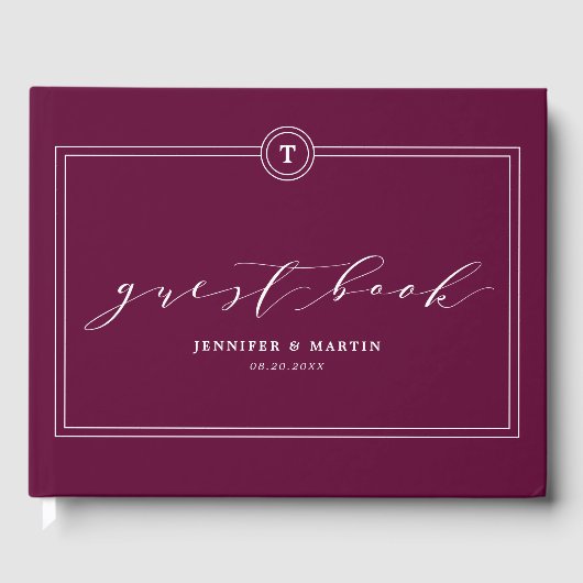 Elegant Plum Monogram Kalligrafie Bruiloft Gastenboek (Voorkant)