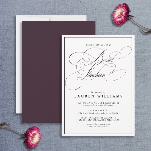 Elegant Plum Paars Calligraphy Bridal Luncheon Kaart