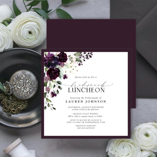 Elegant Plum Paars Floral Bridal Luncheon Kaart