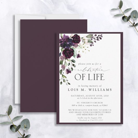 Elegant Plum Paars Floral Celebration of Life Kaart