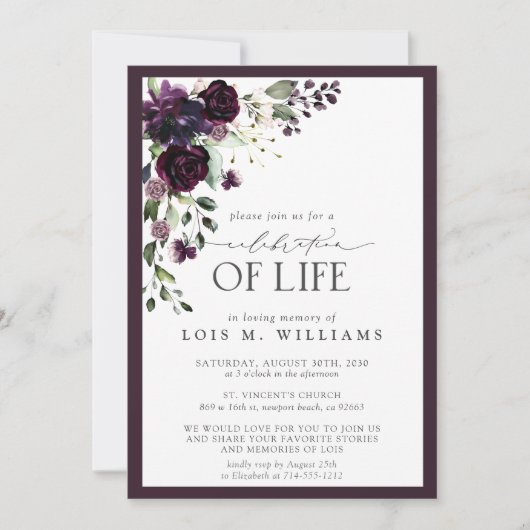 Elegant Plum Paars Floral Celebration of Life Kaart (Voorkant)