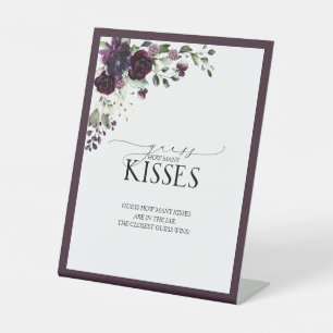 Elegant Plum Paars Floral Hoeveel Kisses Reclamebord Met Voetstuk
