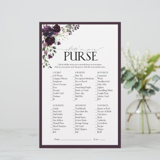 Elegant Plum Paars Floral Vrijgezellenfeest Game (Staand voorkant)