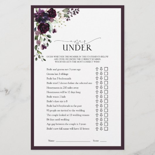 Elegant Plum Paars Floral Vrijgezellenfeest Game (Voorkant)