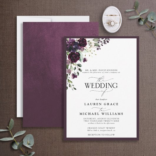 Elegant Plum Paars Floral Waterverf Script Kaart