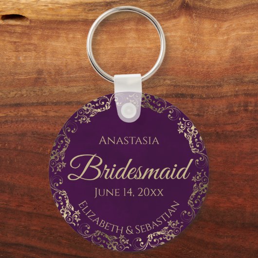 Elegant Plum Paars & Gold Bridesmaid Wedding Gift Sleutelhanger (Voorkant)