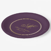 Elegant Plum Paars Gold Monogram Script Weduwschap Papieren Bordje (Gekanteld)