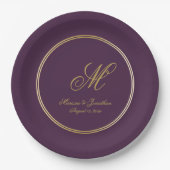 Elegant Plum Paars Gold Monogram Script Weduwschap Papieren Bordje (Voorkant)