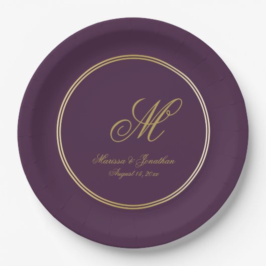 Elegant Plum Paars Gold Monogram Script Weduwschap Papieren Bordje (Voorkant)