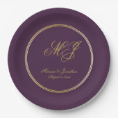 Elegant Plum Paars Gold Monogram Script Weduwschap Papieren Bordje (Voorkant)