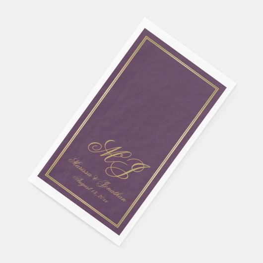 Elegant Plum Paars Gold Monogram Script Weduwschap Servet (Hoek)