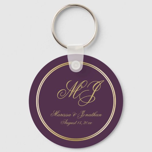 Elegant Plum Paars Gold Monogram Script Weduwschap Sleutelhanger (Voorkant)