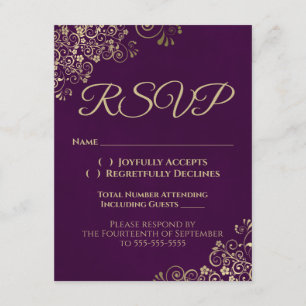 Elegant Plum Paars & Gold Wedding RSVP telefonisch Kaart