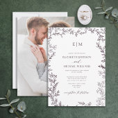 Elegant Plum Paars Leaf Photo Monogram Weddenschap Kaart