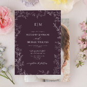 Elegant Plum Paars Leaf Photo Monogram Weddenschap Kaart