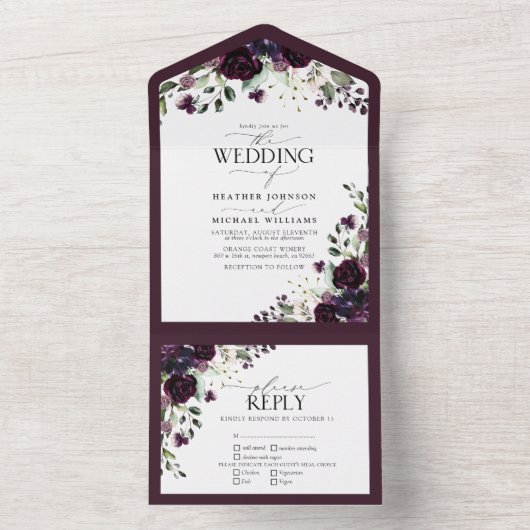 Elegant Plum Paars Mauve Floral Waterverf All In One Uitnodiging (Binnen)