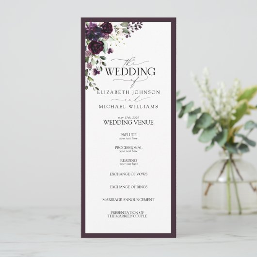 Elegant Plum Paars Mauve Floral Waterverf Programmakaart (Staand voorkant)