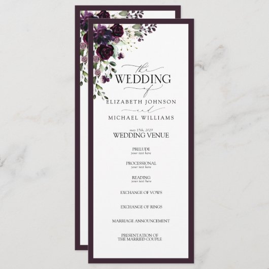 Elegant Plum Paars Mauve Floral Waterverf Programmakaart (Voorkant / Achterkant)