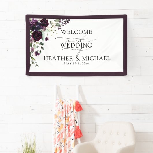 Elegant Plum Paars Mauve Floral Waterverf Script Spandoek (Insitu)