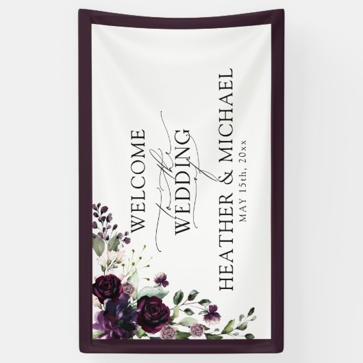 Elegant Plum Paars Mauve Floral Waterverf Script Spandoek (Verticaal)