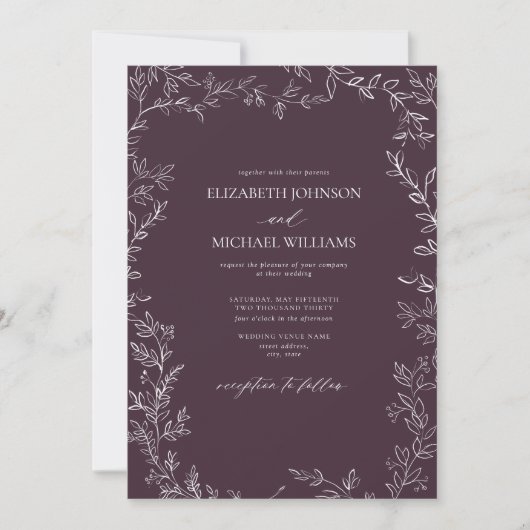 Elegant Plum Paars Minimal Leaf Photo Wedding Kaart (Voorkant)