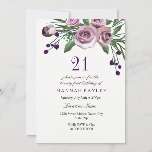 Elegant Plum Paars Roos 21st Birthday Invitation Kaart (Voorkant)