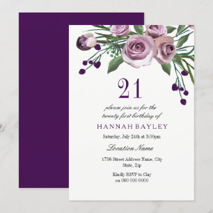Elegant Plum Paars Roos 21st Birthday Invitation Kaart