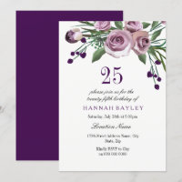 Elegant Plum Paars Roos 25th Birthday Invitation