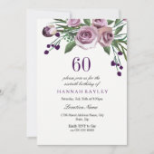 Elegant Plum Paars Roos 60th Birthday Invitation Kaart (Voorkant)