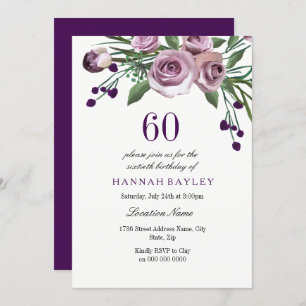 Elegant Plum Paars Roos 60th Birthday Invitation Kaart