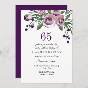 Elegant Plum Paars Roos 65th Birthday Invitation Kaart