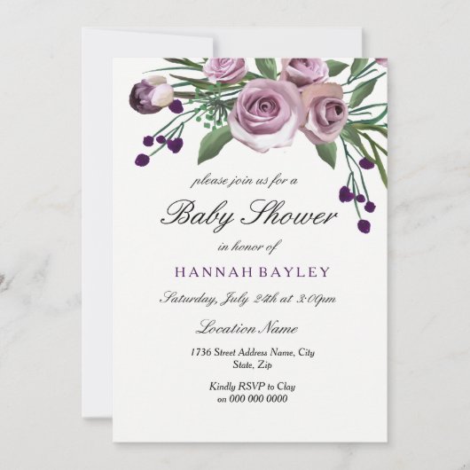 Elegant Plum Paars Roos Baby shower Invitation Kaart (Voorkant)