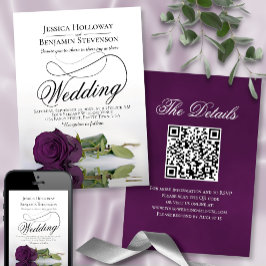 Elegant Plum Paars Roos Fancy QR Code Weddenschap Kaart