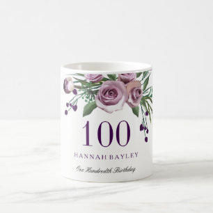 Elegant Plum Paars Roos Floral 100th Birthday Koffiemok