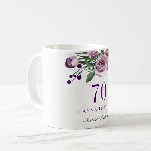 Elegant Plum Paars Roos Floral 70th Birthday Koffiemok (Voorkant links)