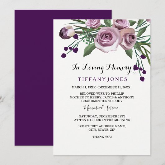 Elegant Plum Paars Roos Funeral Memorial Service Kaart (Voorkant / Achterkant)
