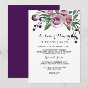 Elegant Plum Paars Roos Funeral Memorial Service Kaart