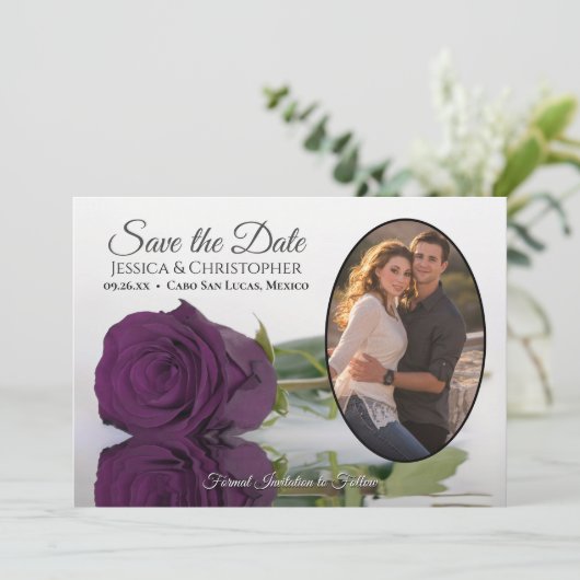 Elegant Plum Paars Roos met Oval Photo Weddenschap Save The Date (Staand voorkant)