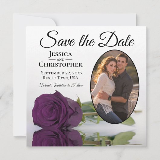 Elegant Plum Paars Roos met Oval Photo Weddenschap Save The Date (Voorkant)