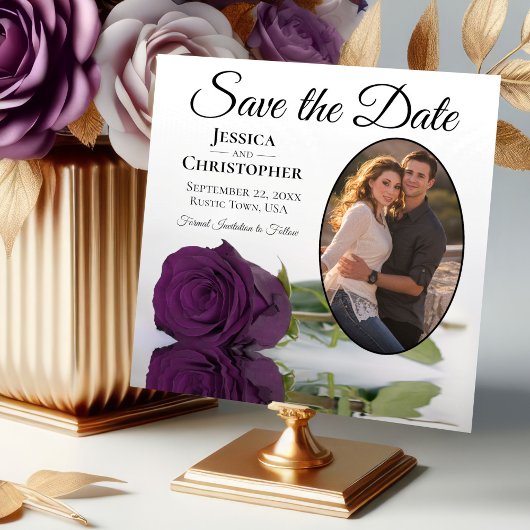 Elegant Plum Paars Roos met Oval Photo Weddenschap Save The Date