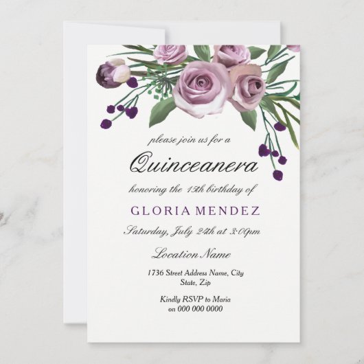 Elegant Plum Paars Roos Quinceanera Uitnodiging (Voorkant)