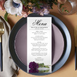 Elegant Plum Paars Roos Reflection Wedding Menu<br><div class="desc">Dit prachtige menu zal wat stijl aan uw trouwreceptie toevoegen. Het is voorzien van een prachtig en romantisch ontwerp met een enkel paars of auberginegekleurd roos dat aan de zijkant staat en dat in een pool van water met golven en rimpels reflecteert. Er is ruimte voor de namen van het...</div>