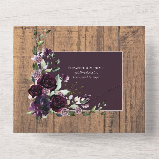 Elegant Plum Paars Rustic Wood Borg All In One Uitnodiging (Achterkant)