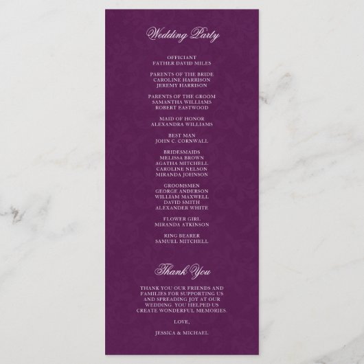 Elegant Plum Paars Simple Modern Wedding Programmakaart (Achterkant)
