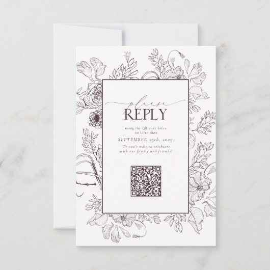 Elegant Plum Paars Wedding QR Code Gelieve te antw RSVP Kaartje (Voorkant)