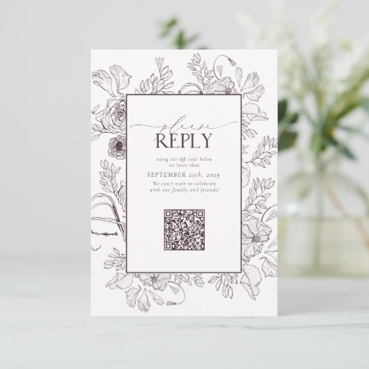 Elegant Plum Paars Wedding QR Code Gelieve te antw RSVP Kaartje (Staand voorkant)