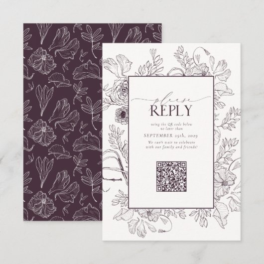 Elegant Plum Paars Wedding QR Code Gelieve te antw RSVP Kaartje (Voorkant / Achterkant)