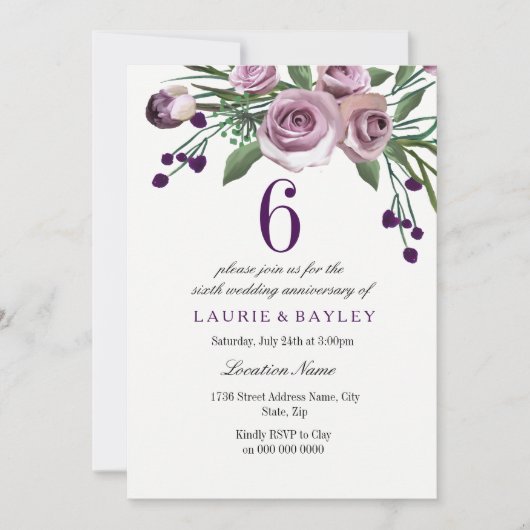 Elegant Plum Paarse 6th Wedding Jubileum Invite Kaart (Voorkant)